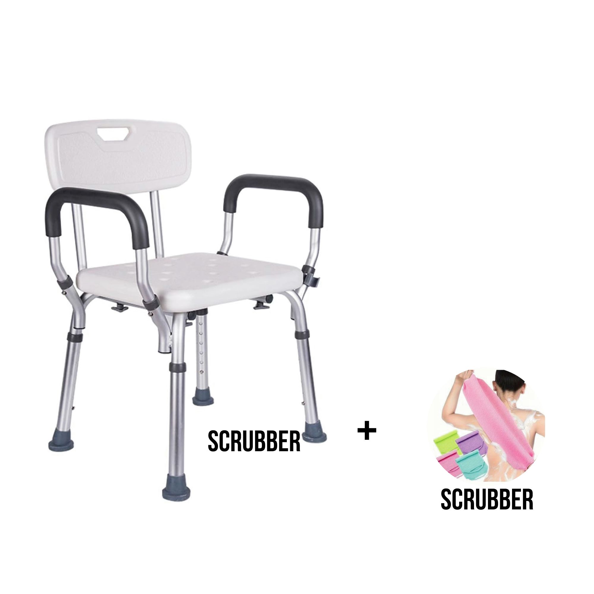 Adjustable Shower and Bath Bench with Padded Arms, Contoured Back and Textured Shower Chair Seat plus free scrubber