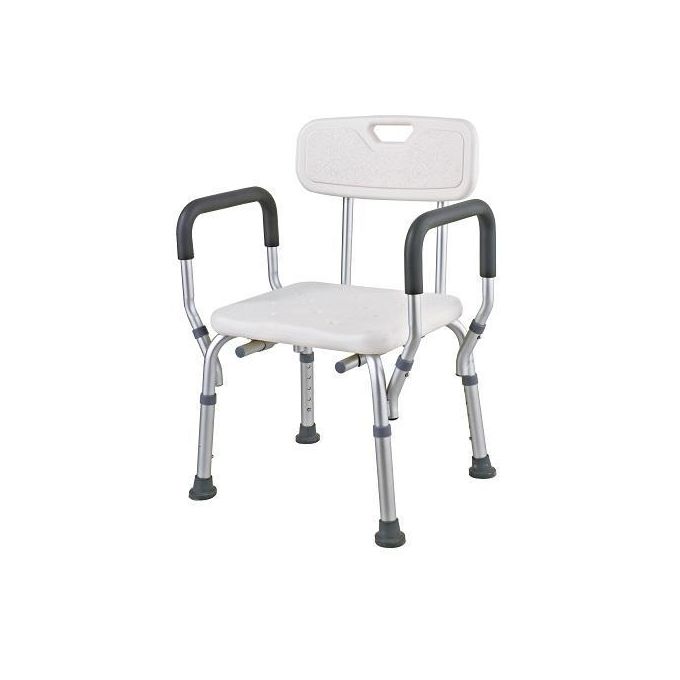Adjustable Shower and Bath Bench with Padded Arms, Contoured Back and Textured Shower Chair Seat plus free scrubber