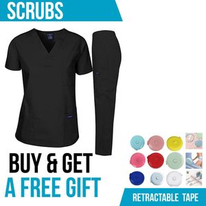 MEDICAL SCRUB Nursing Set 2 Pocket Nurse Uniform Suit V Neck Black M + PATELLA HAMMER