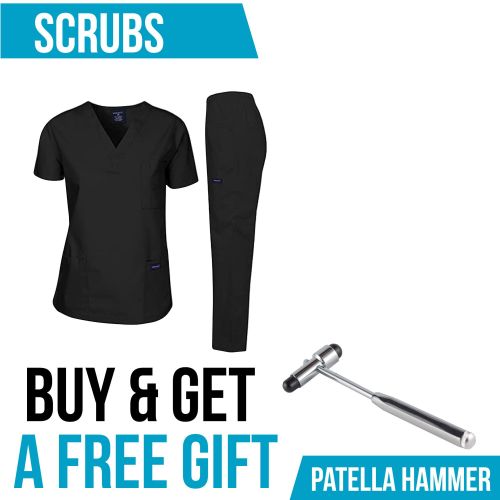 MEDICAL SCRUB Nursing Set 2 Pocket Nurse Uniform Suit V Neck Black M + PATELLA HAMMER
