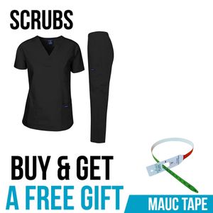 MEDICAL SCRUB Nursing Set 2 Pocket Nurse Uniform Suit V Neck Black M + PATELLA HAMMER