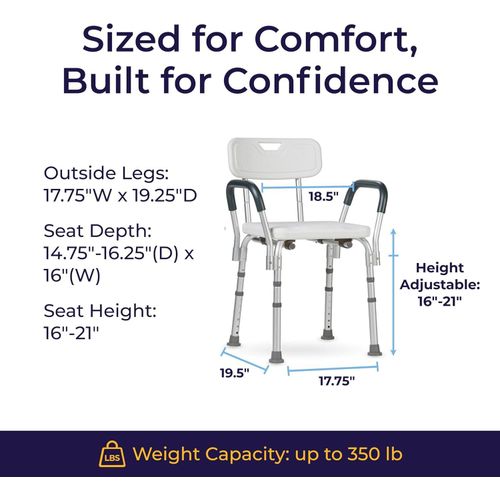 Shower Chair with Back & Padded Arms - Adjustable Height Bath Seat for Safety & Comfort - Lightweight Aluminum
Shower Chair with Back & Padded Arms - Adjustable Height Bath Seat for Safety & Comfort -