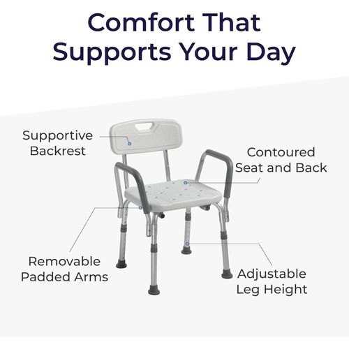 Shower Chair with Back & Padded Arms - Adjustable Height Bath Seat for Safety & Comfort - Lightweight Aluminum
Shower Chair with Back & Padded Arms - Adjustable Height Bath Seat for Safety & Comfort -