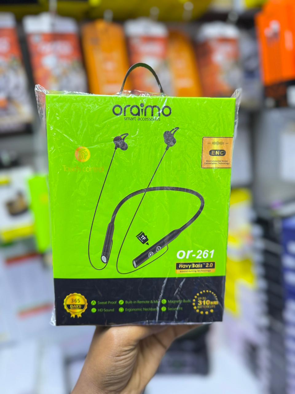 Oraimo OR-261 Heavy Bass 2.0 Wireless Neckband Earphones – ENC Noise Cancellation, Long Battery, HD Sound
