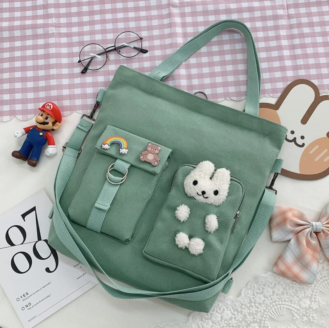 Cute Canvas Tote Bag with Bunny Plush Design – Green