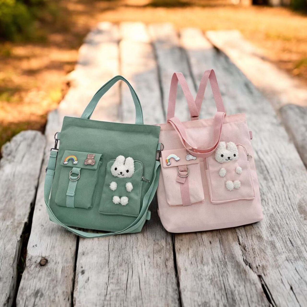 Cute Canvas Tote Bag with Bunny Plush Design – Green