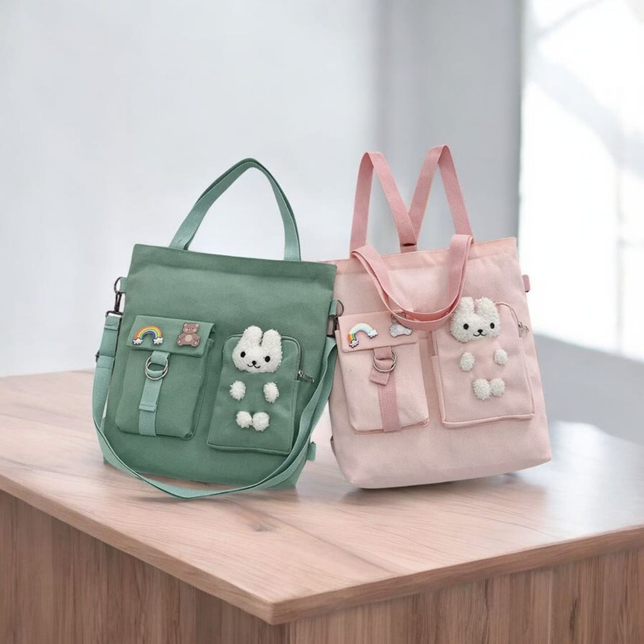 Cute Canvas Tote Bag with Bunny Plush Design – Green