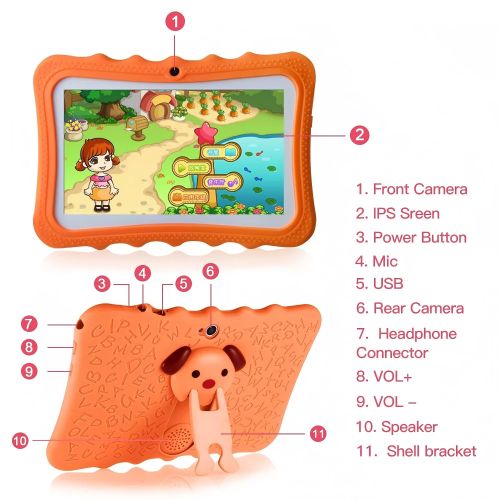 TiLECC Android 12 7 Inch Kid Tablet Dual Camera 4GB RAM 128GB 4000mAh Orange