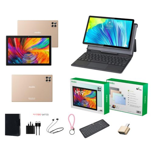 Modio M19 Tablet PC 8GB RAM 512GB, 10.1 Inches, Dual sim, wireless keyboard- Gold