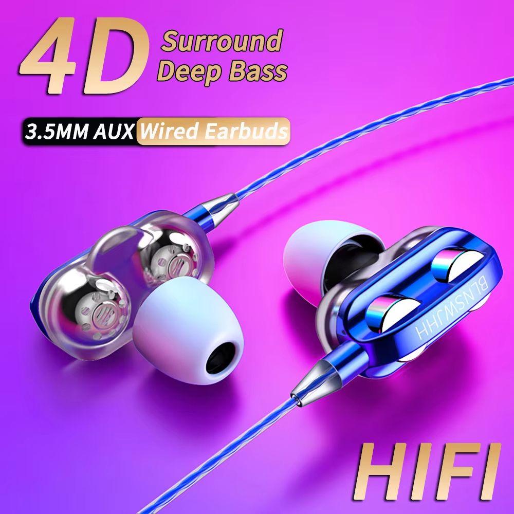 3.5mm Wired Headphones Noise Canceling In-Ear Sports Earphone Dual Driver Bass Stereo Gaming Headset HiFi Music Earbuds With Mic