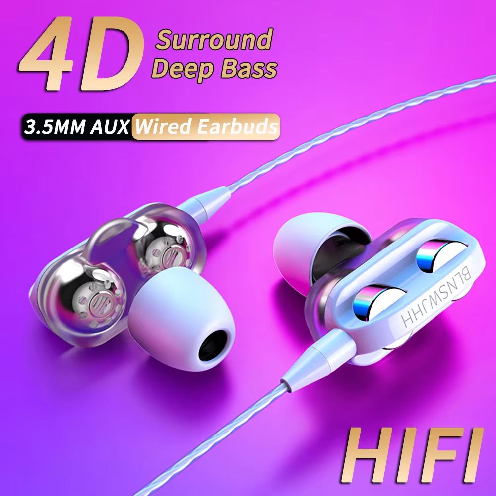3.5mm Wired Headphones Noise Canceling In-Ear Sports Earphone Dual Driver Bass Stereo Gaming Headset HiFi Music Earbuds With Mic