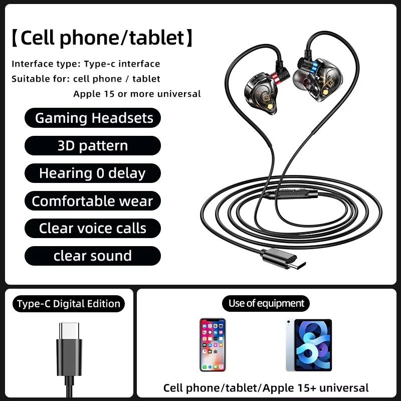 NEW 8D Surround Sound Gaming Earphones Type C&3.5mm Wired In Ear Earbuds Headphones Sports Gamer Headset for Samsung With HD Mic