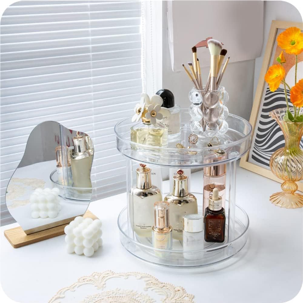2 Tier 360° Rotating Lazy Susan Organizer, Large Clear Turntable Spice Rack for Kitchen Cabinet, Pantry Shelf, Fridge and Countertop, Multipurpose Storage for Condiments, Bottles and Jars