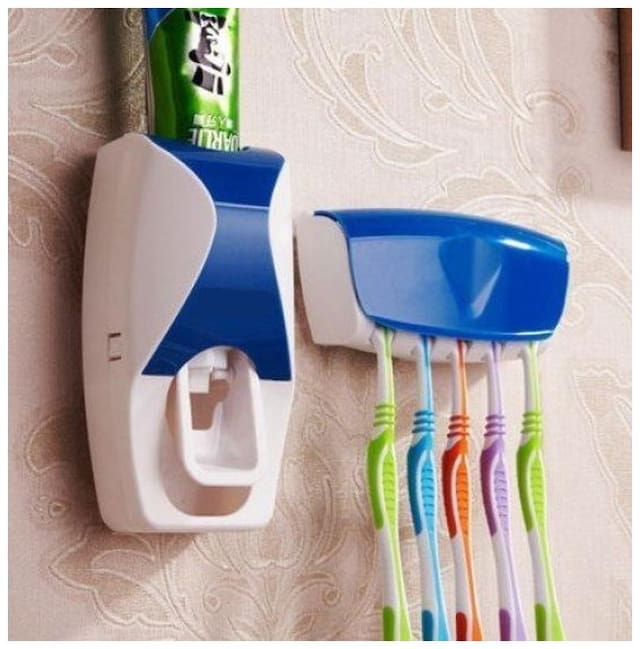 Automatic Toothpaste Dispenser with PCs Toothbrush Holder Set – Wall Mounted, Hygienic, Easy Install, Hands-Free Bathroom Organiser – black and white