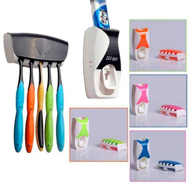 Automatic Toothpaste Dispenser with PCs Toothbrush Holder Set – Wall Mounted, Hygienic, Easy Install, Hands-Free Bathroom Organiser – black and white