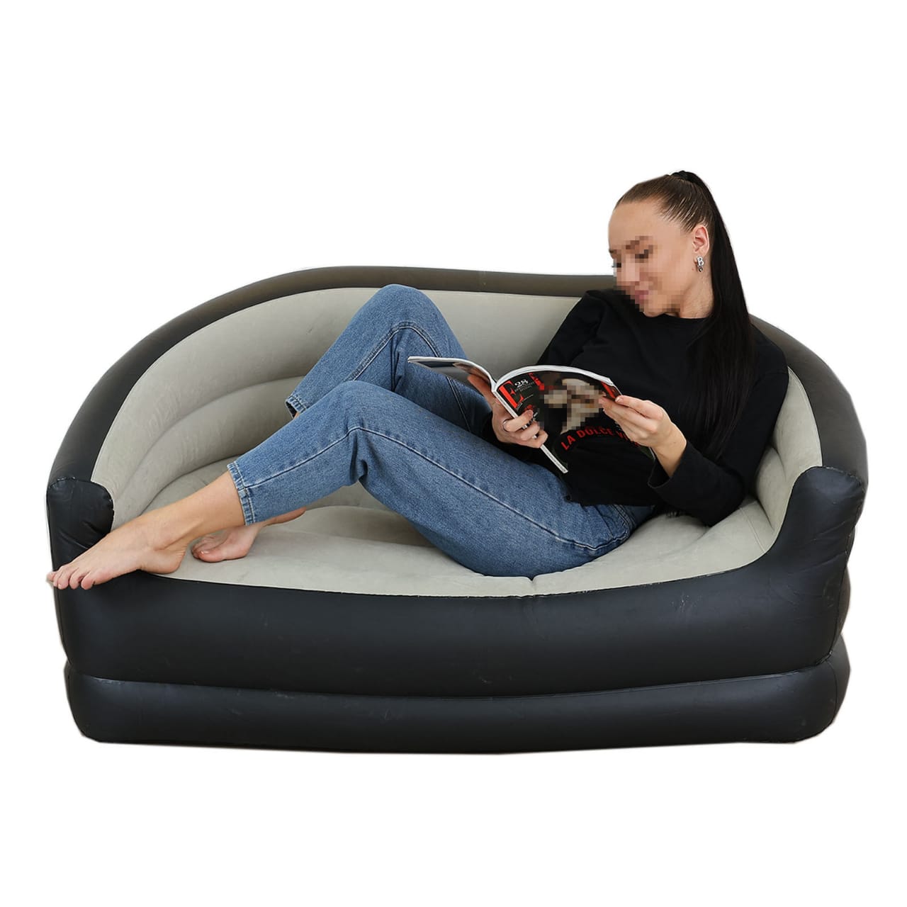 Double Size Inflatable Sofa Seat 135×84×62cm with Manual Pump – Portable Air Couch Chair in Beige & Black Combo, Comfortable, Durable, Easy to Inflate for Indoor and Outdoor Use