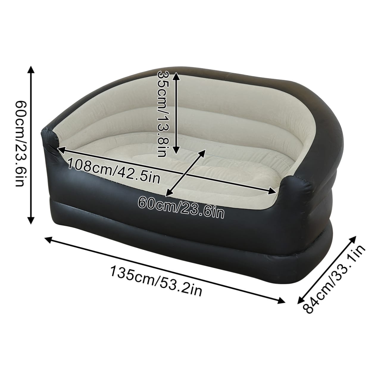 Double Size Inflatable Sofa Seat 135×84×62cm with Manual Pump – Portable Air Couch Chair in Beige & Black Combo, Comfortable, Durable, Easy to Inflate for Indoor and Outdoor Use