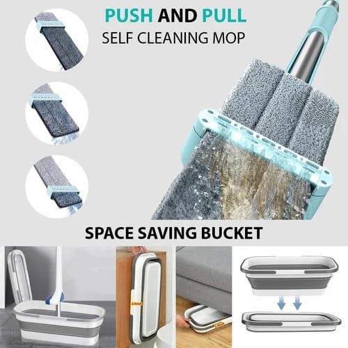 2-in-1 Self-Wringing Flat Mop with Foldable Bucket – Hands-Free Microfiber Floor Cleaner, 360° Swivel Head & Space-Saving Collapsible Pail for Home or Office