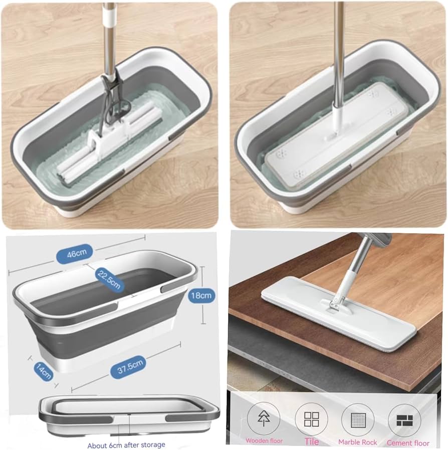 2-in-1 Self-Wringing Flat Mop with Foldable Bucket – Hands-Free Microfiber Floor Cleaner, 360° Swivel Head & Space-Saving Collapsible Pail for Home or Office