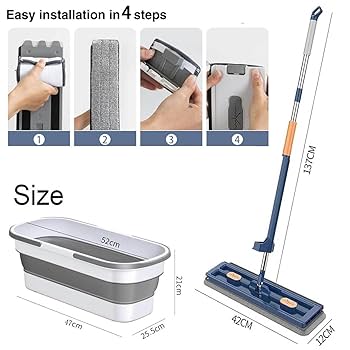 2-in-1 Self-Wringing Flat Mop with Foldable Bucket – Hands-Free Microfiber Floor Cleaner, 360° Swivel Head & Space-Saving Collapsible Pail for Home or Office