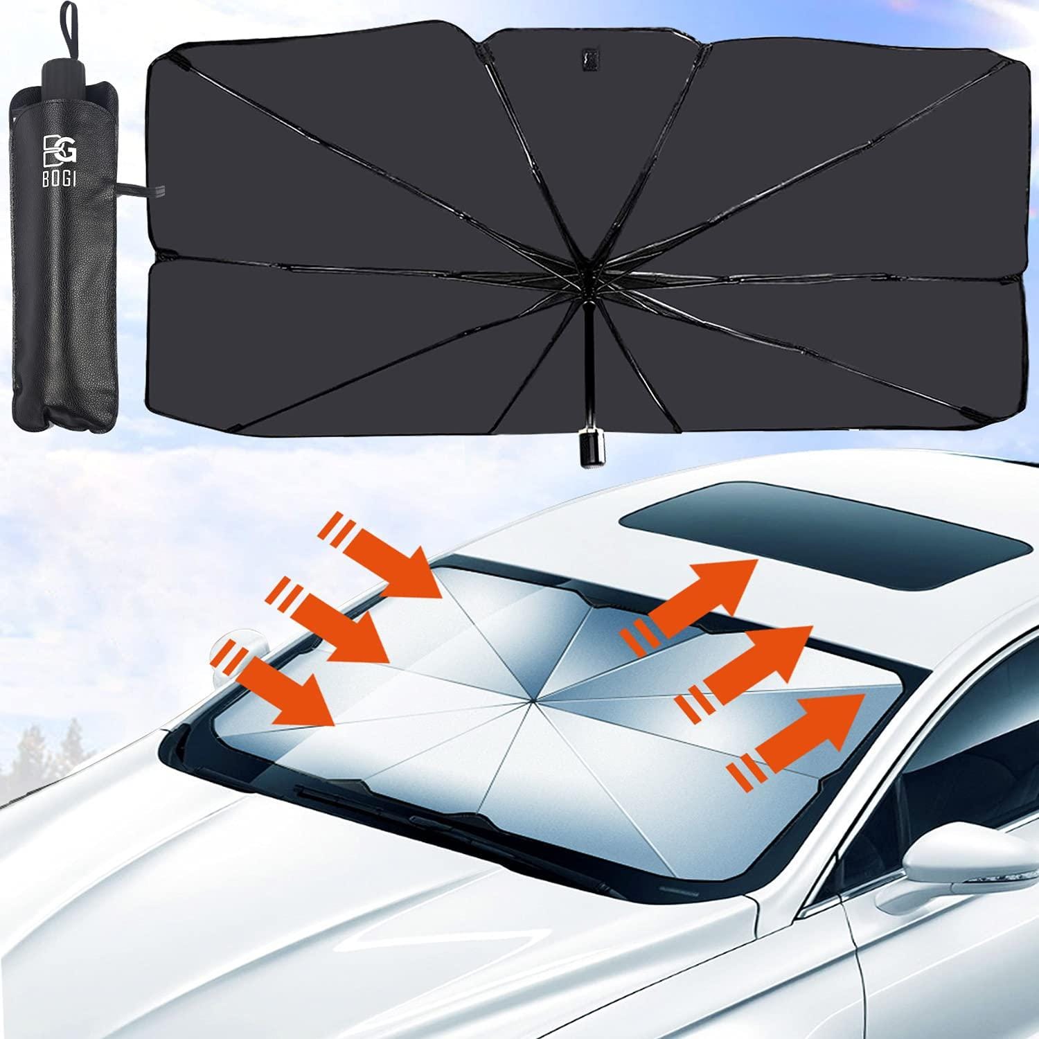 Car Dashboard Umbrella Sunshade – Foldable Windscreen UV Protector, Heat Reflector & Sunvisor Cover for All Vehicles (Universal Size, Black/Silver)