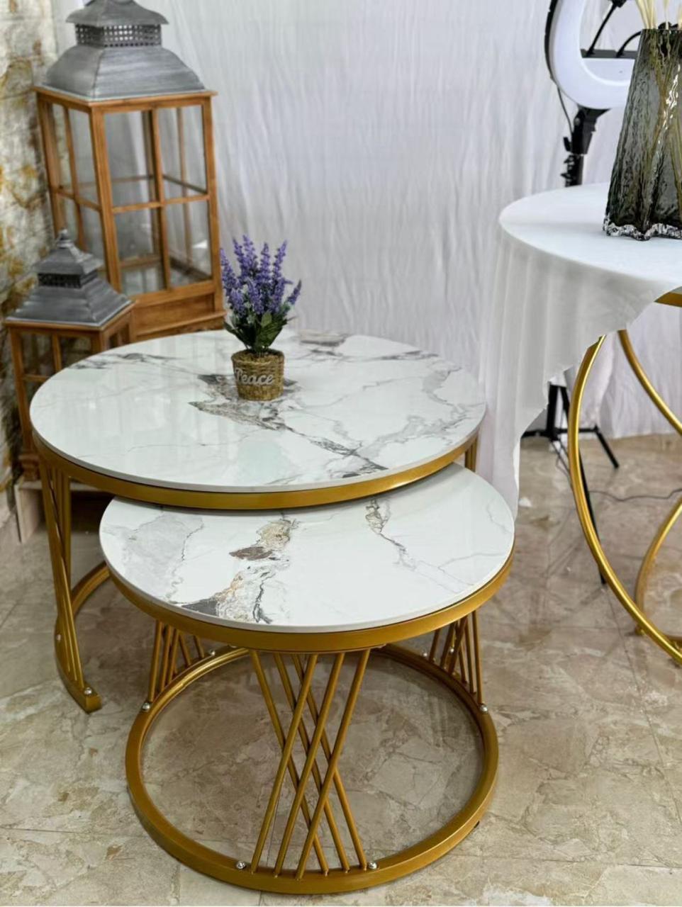 Modern Luxury 2-in-1 Pure Marble Nesting Tables - Gold Metal Frame Round Coffee Table Set for Living Room, Office & Airbnb - Elegant Stacking Side Tables with Natural Veining - White & Gold