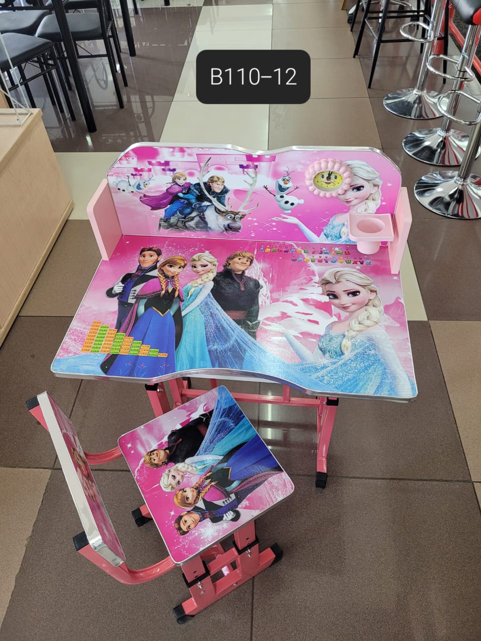 Executive Adjustable Kids Study Table and Chair Set - Ergonomic Height Adjustable Children’s Learning Desk with Clock, Cup Holder & Storage - Heavy Duty Metal Frame - Pink Animated Theme - 14KG