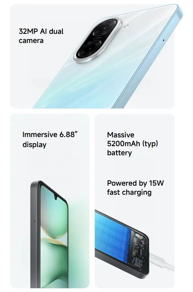XIAOMI Redmi A5 Display 6.88" 4GB + 128GB Dual SIM 32MP main camera 8MP front camera 5200mAh battery Side fingerprint sensor USB Type-C Phones SmartPhone, a brand new black colour Redmi phone
