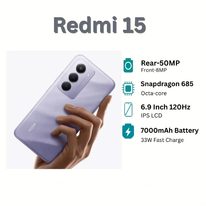 [New launch] XIAOMI Redmi 15 256GB+16(8+8)GB,  Redmi 15 128GB+12(6+6)GB 6.9 Inch 144Hz IPS LCD Display 50MP Camera 7000mAh Battery 33W Fast Charging IP64 Dust/Water Resistant Dual SIM Snapdragon 685