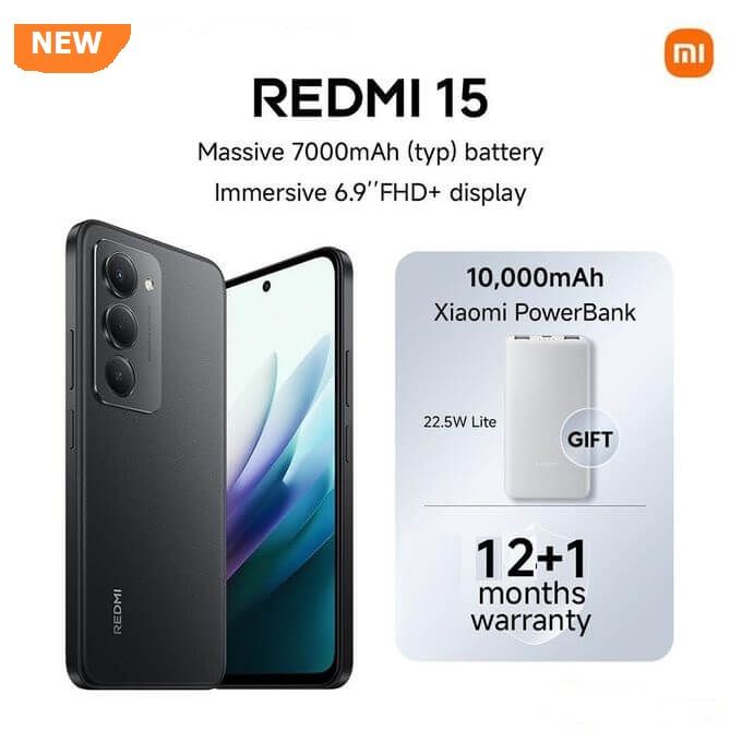 [New launch] XIAOMI Redmi 15 256GB+16(8+8)GB,  Redmi 15 128GB+12(6+6)GB 6.9 Inch 144Hz IPS LCD Display 50MP Camera 7000mAh Battery 33W Fast Charging IP64 Dust/Water Resistant Dual SIM Snapdragon 685