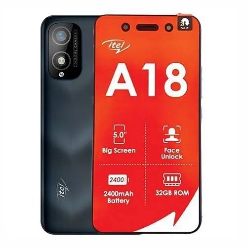 Itel A18 – 32GB ROM + 1GB RAM, 5.0" Display, Android 11 (Go), 2400mAh Battery, Dual SIM, 5MP Camera, Quad-Core Processor, Smart 4G Smartphone – Black/Blue