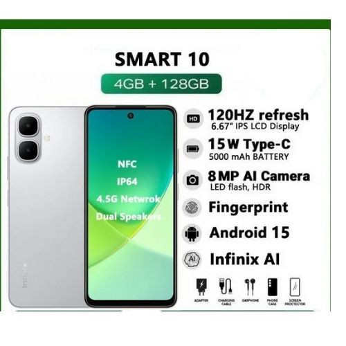 [Christmas Offer] Infinix Smart 10 128GB 4GB RAM 6.67" 120HZ DISPLAY DUAL SPEAKERS DUAL SIM 4.5G SLIM PHONE 5000MAH BATTERY WITH 15W CHARGING NFC IP64 FINGERPRINT LOCK ANDROID 15 AI SMART PHONES
