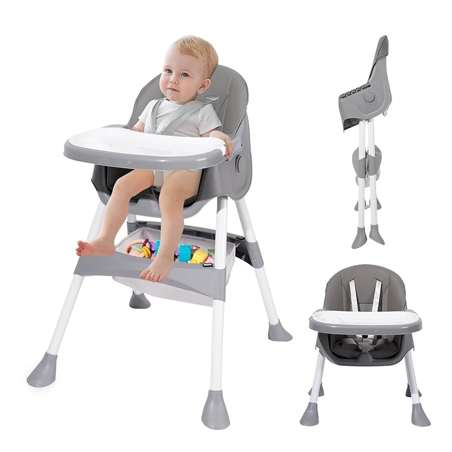 Baby High Chair, 5 in 1 High Chairs for Babies and Toddlers, Travel Foldable High Chair with Foot Rest, Detachable PU Cushion, Double Removable Tray, Adjustable Height