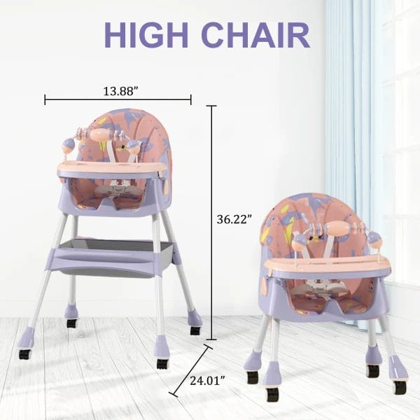 Baby High Chair, 5 in 1 High Chairs for Babies and Toddlers, Travel Foldable High Chair with Foot Rest, Detachable PU Cushion, Double Removable Tray, Adjustable Height