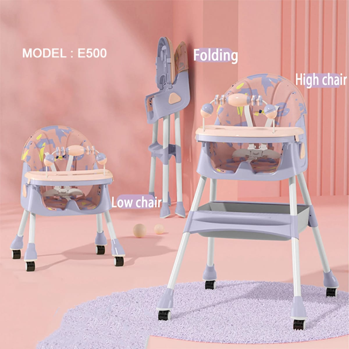 Baby High Chair, 5 in 1 High Chairs for Babies and Toddlers, Travel Foldable High Chair with Foot Rest, Detachable PU Cushion, Double Removable Tray, Adjustable Height