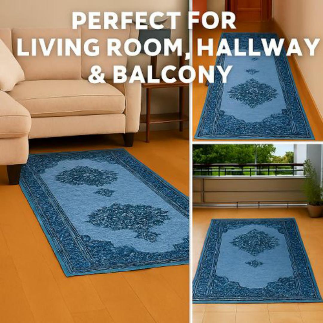 Mac Carpet Luxury Turkish Style Corridor Runner Rug - 80 x 240 cm - Elegant Blue & Grey Floral Pattern Carpet - Non Slip, Easy Clean Carpets for Living Room, Hallway & Balcony