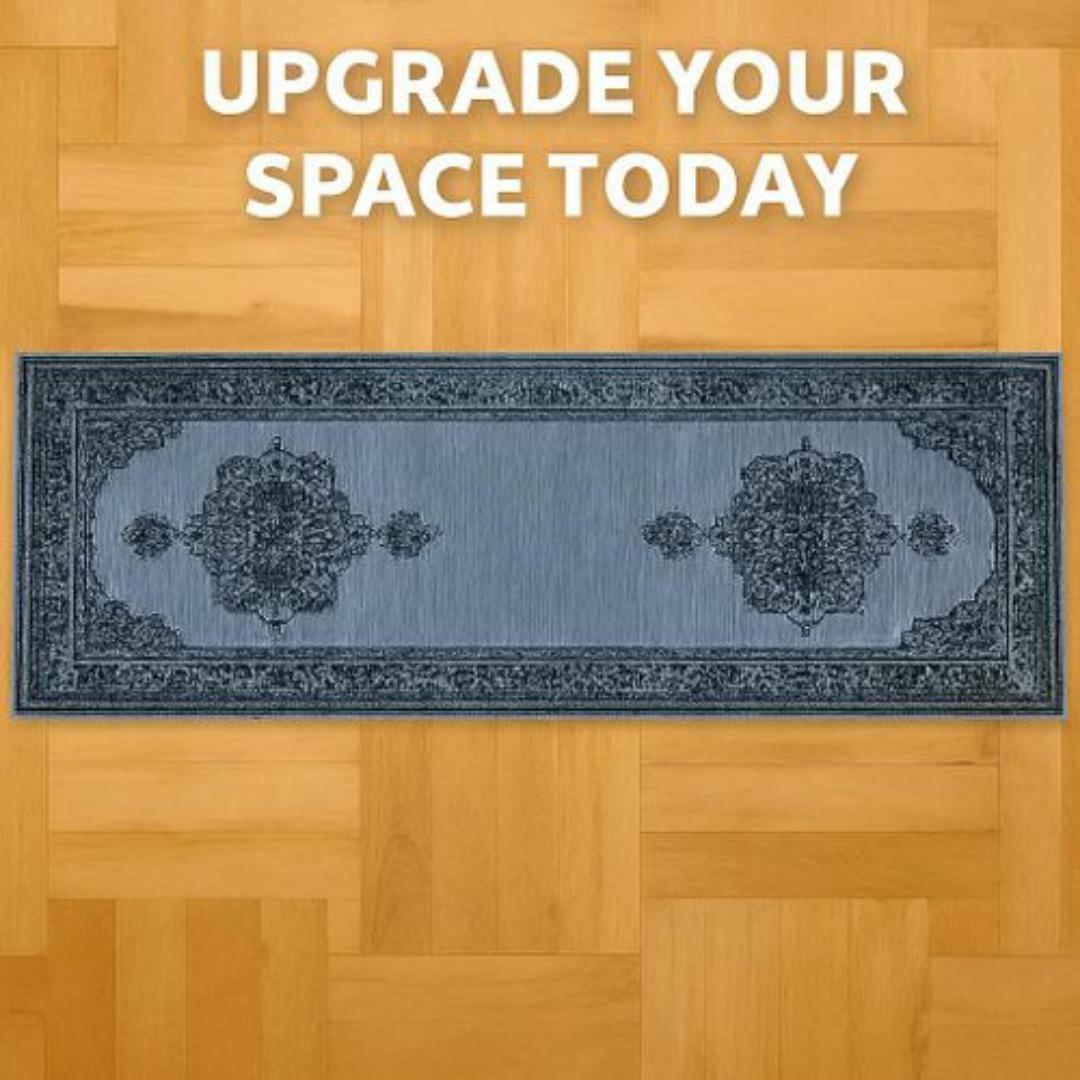 Mac Carpet Luxury Turkish Style Corridor Runner Rug - 80 x 240 cm - Elegant Blue & Grey Floral Pattern Carpet - Non Slip, Easy Clean Carpets for Living Room, Hallway & Balcony