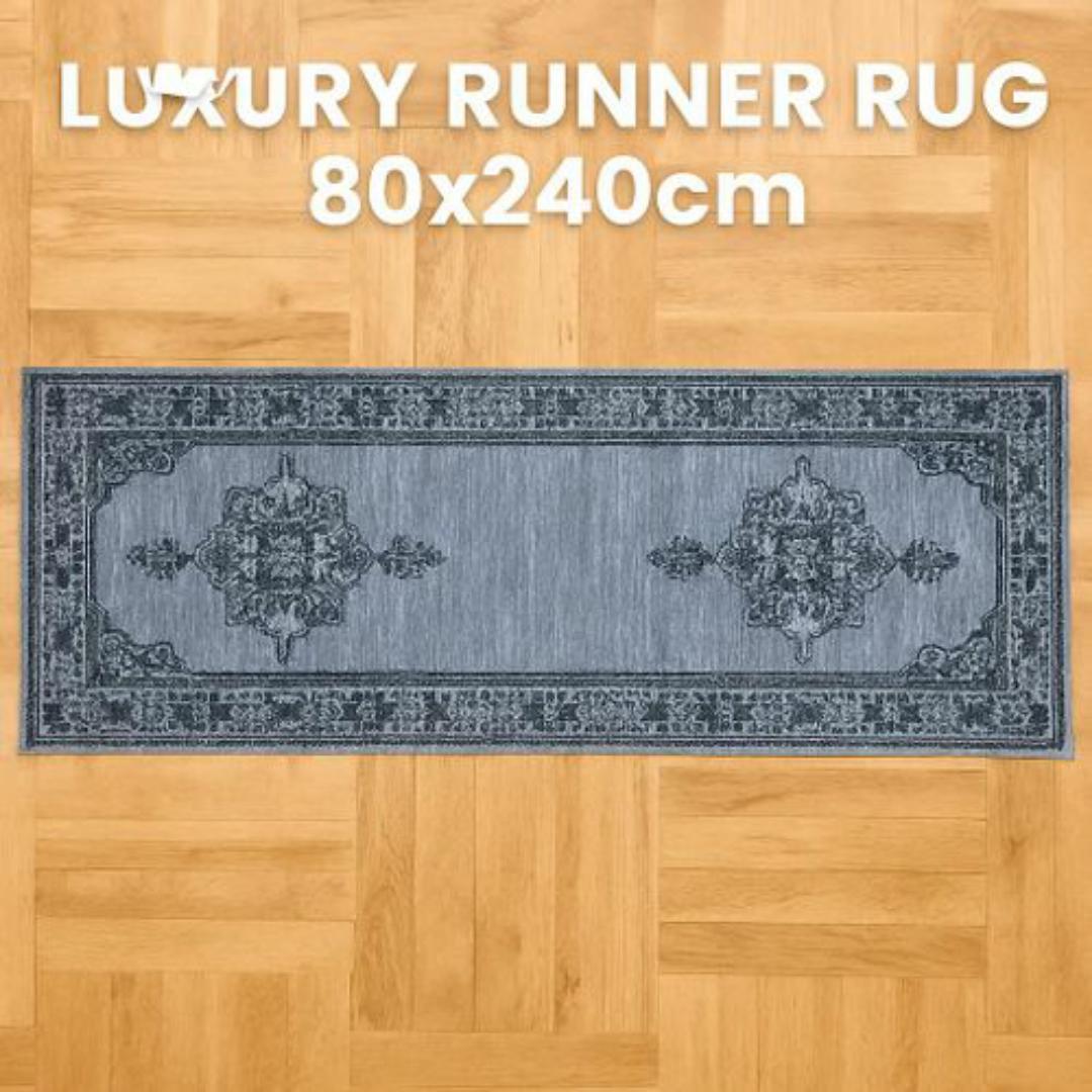 Mac Carpet Luxury Turkish Style Corridor Runner Rug - 80 x 240 cm - Elegant Blue & Grey Floral Pattern Carpet - Non Slip, Easy Clean Carpets for Living Room, Hallway & Balcony