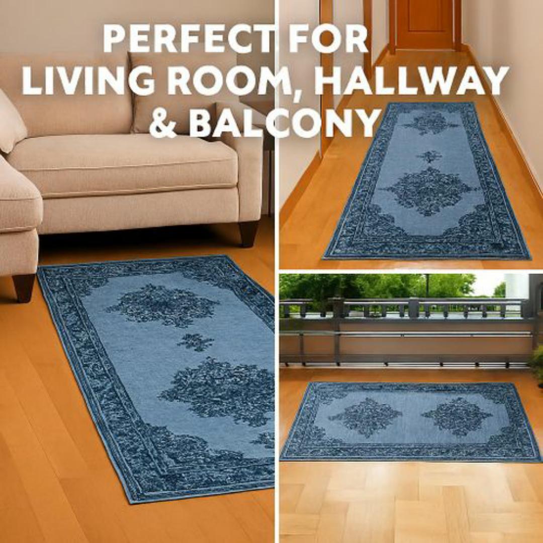 Mac Carpet Luxury Turkish Style Corridor Runner Rug - 80 x 240 cm - Elegant Blue & Grey Floral Pattern Carpet - Non Slip, Easy Clean Carpets for Living Room, Hallway & Balcony