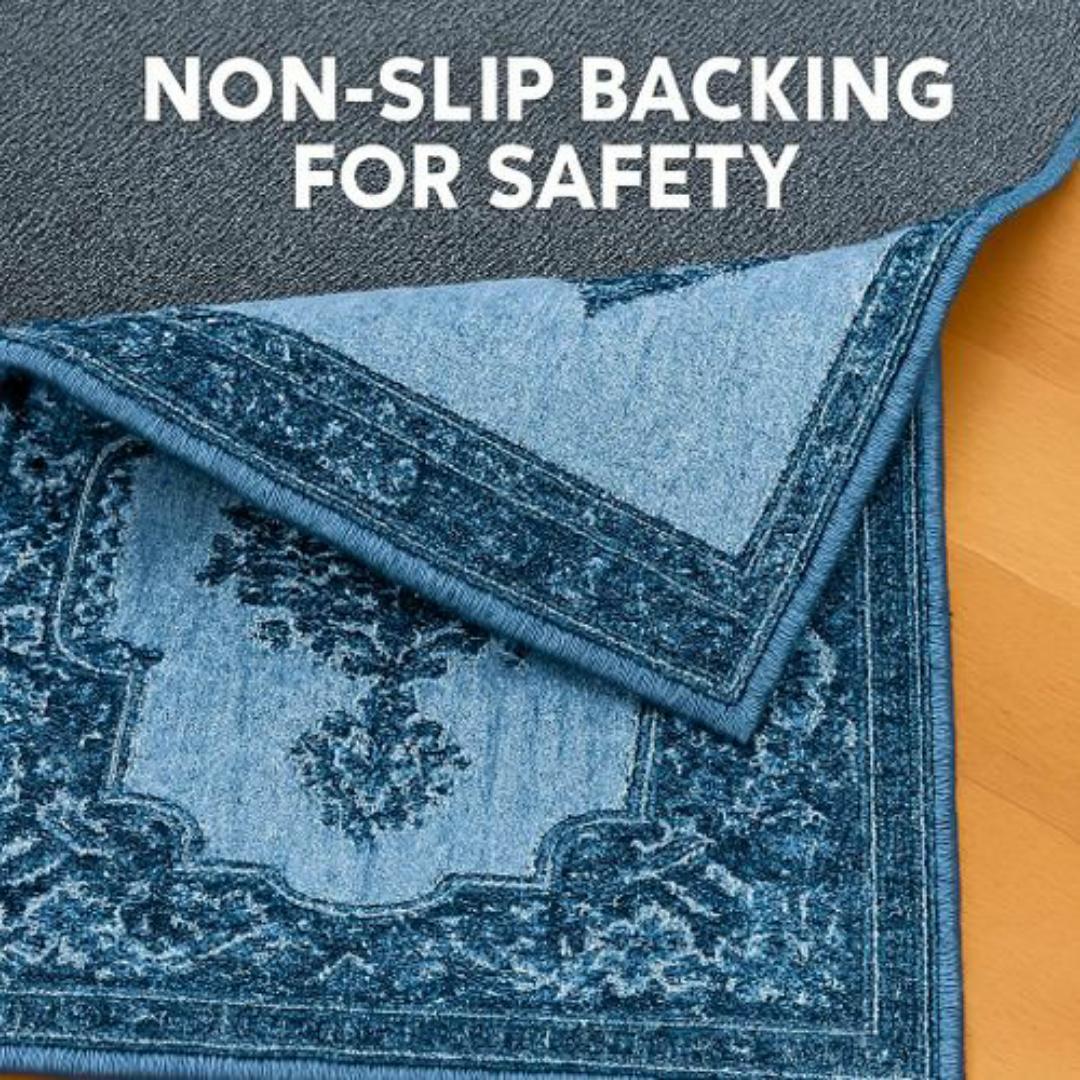 Mac Carpet Luxury Turkish Style Corridor Runner Rug - 80 x 240 cm - Elegant Blue & Grey Floral Pattern Carpet - Non Slip, Easy Clean Carpets for Living Room, Hallway & Balcony