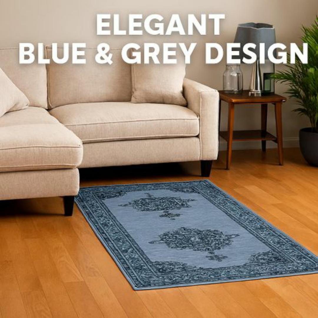 Mac Carpet Luxury Turkish Style Corridor Runner Rug - 80 x 240 cm - Elegant Blue & Grey Floral Pattern Carpet - Non Slip, Easy Clean Carpets for Living Room, Hallway & Balcony