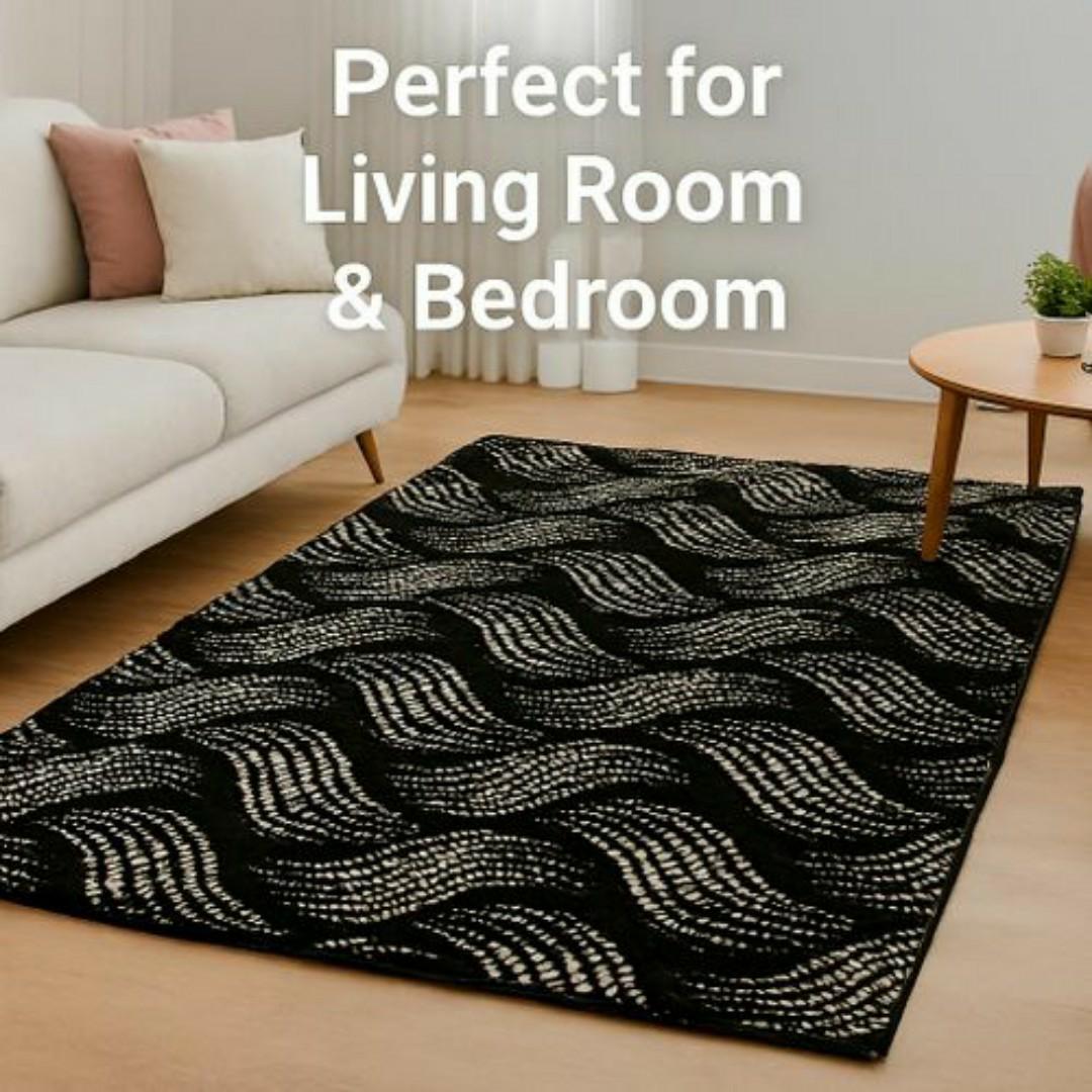 Mac Carpet by Carpet World - Elegant 3D Black & White Wave Pattern Carpet – Modern Carpets Living Room & Bedroom Floor Rug, Durable & Easy to Clean