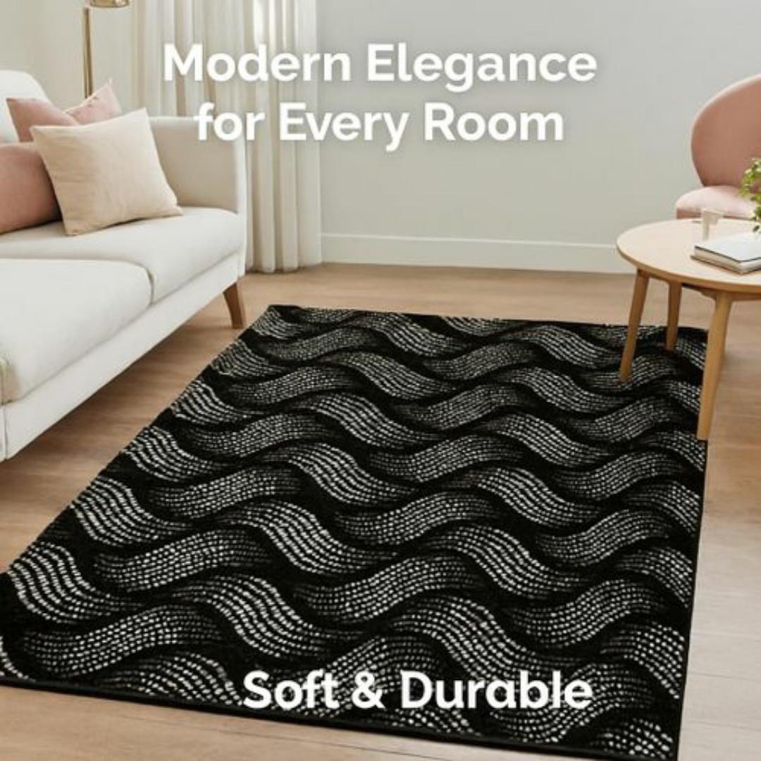 Mac Carpet by Carpet World - Elegant 3D Black & White Wave Pattern Carpet – Modern Carpets Living Room & Bedroom Floor Rug, Durable & Easy to Clean