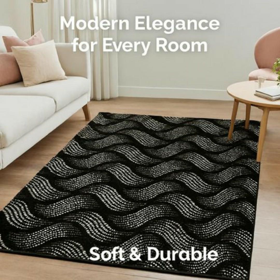 Mac Carpet by Carpet World - Elegant 3D Black & White Wave Pattern Carpet – Modern Carpets Living Room & Bedroom Floor Rug, Durable & Easy to Clean