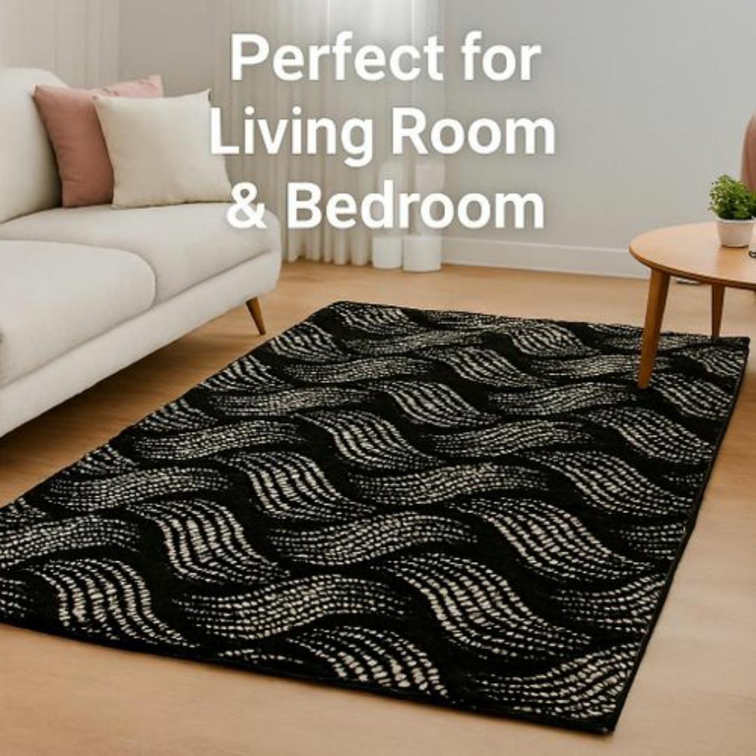 Mac Carpet by Carpet World - Elegant 3D Black & White Wave Pattern Carpet – Modern Carpets Living Room & Bedroom Floor Rug, Durable & Easy to Clean
