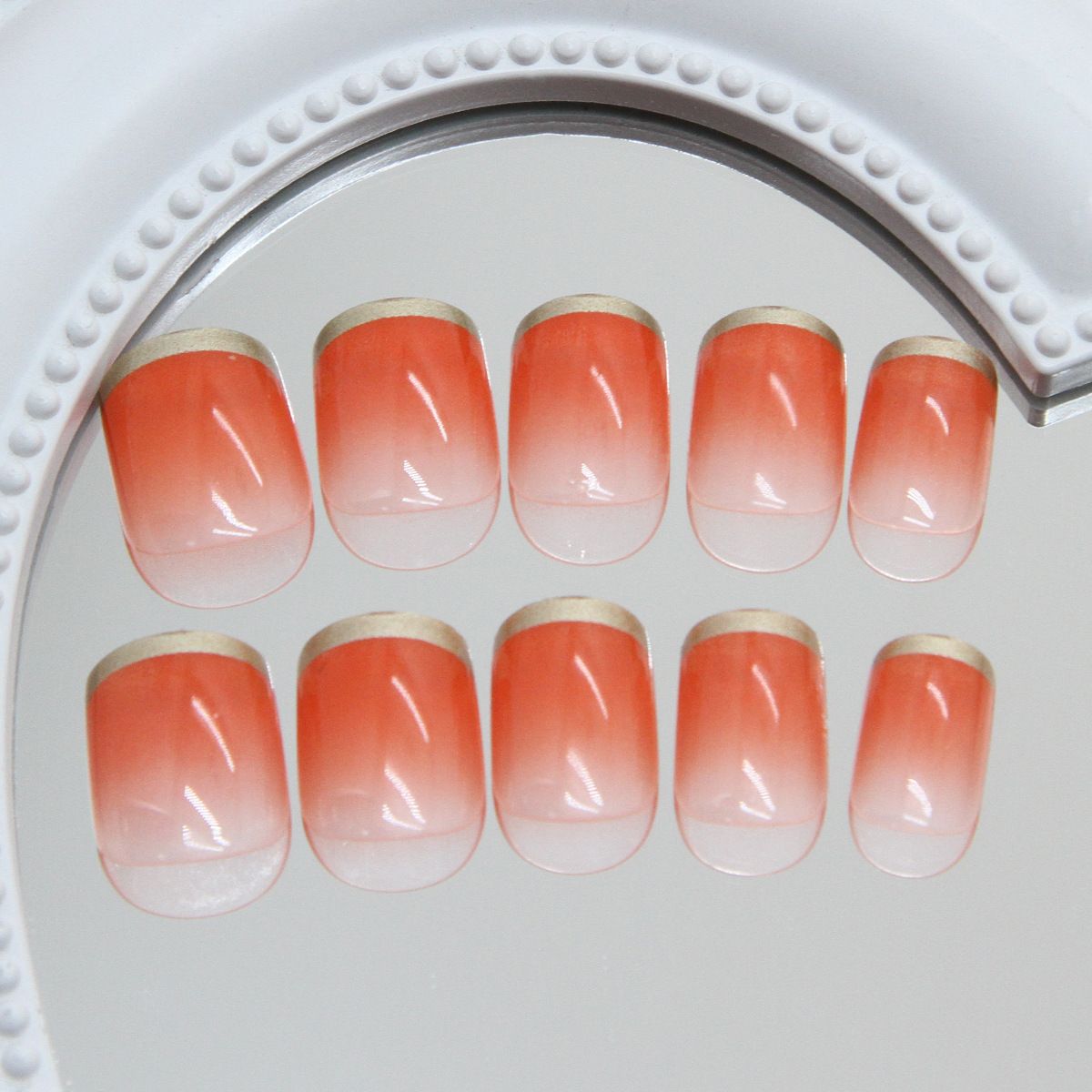Ms.Miemie 24pcs ABS Press on nails  Gold French Tip Orange Gradient Women view 3