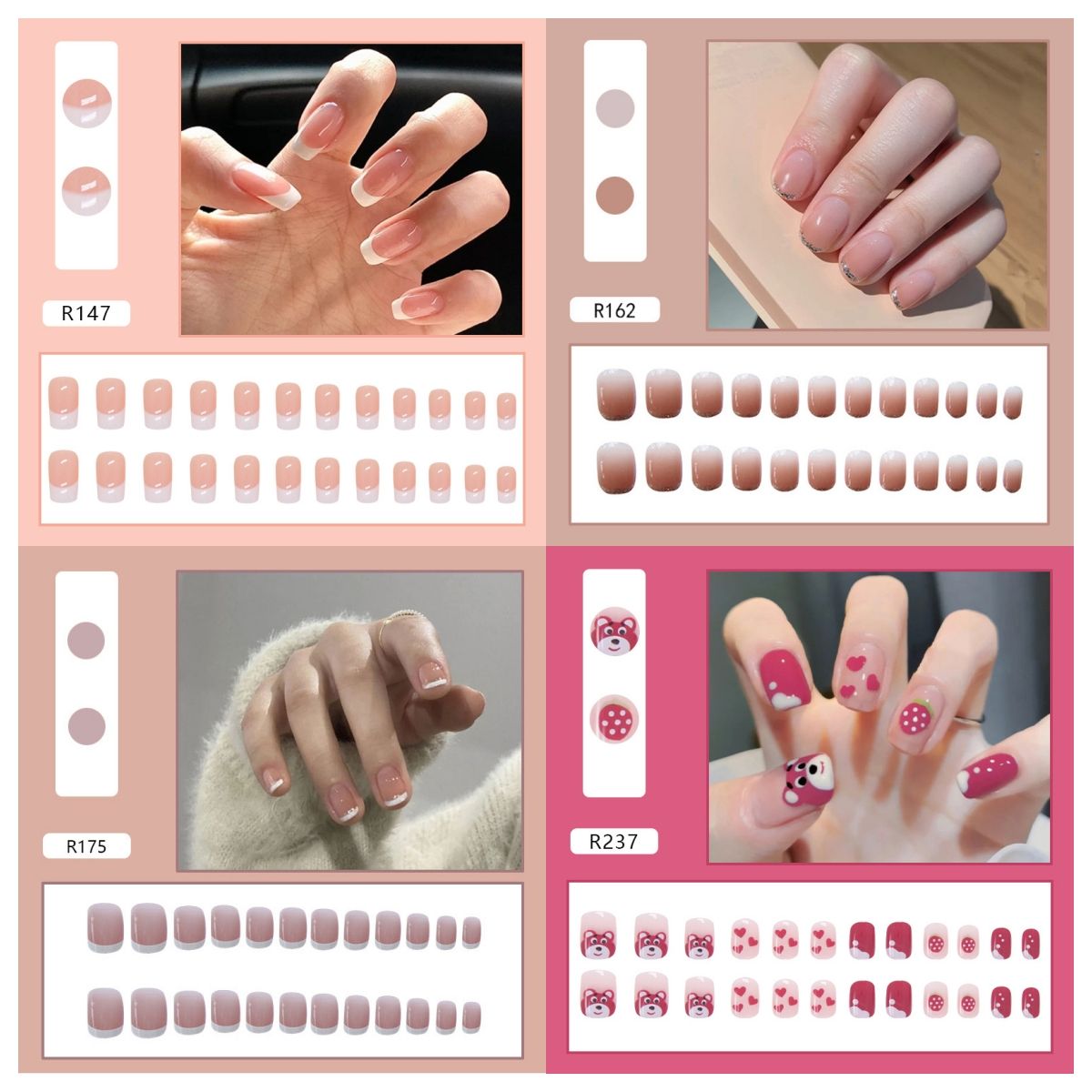 Ms.Miemie 24pcs Fake Nails Reusable Stick On Nails Press on Full Cover False Nail Tips with Jelly Stickers Makeup Accessorise