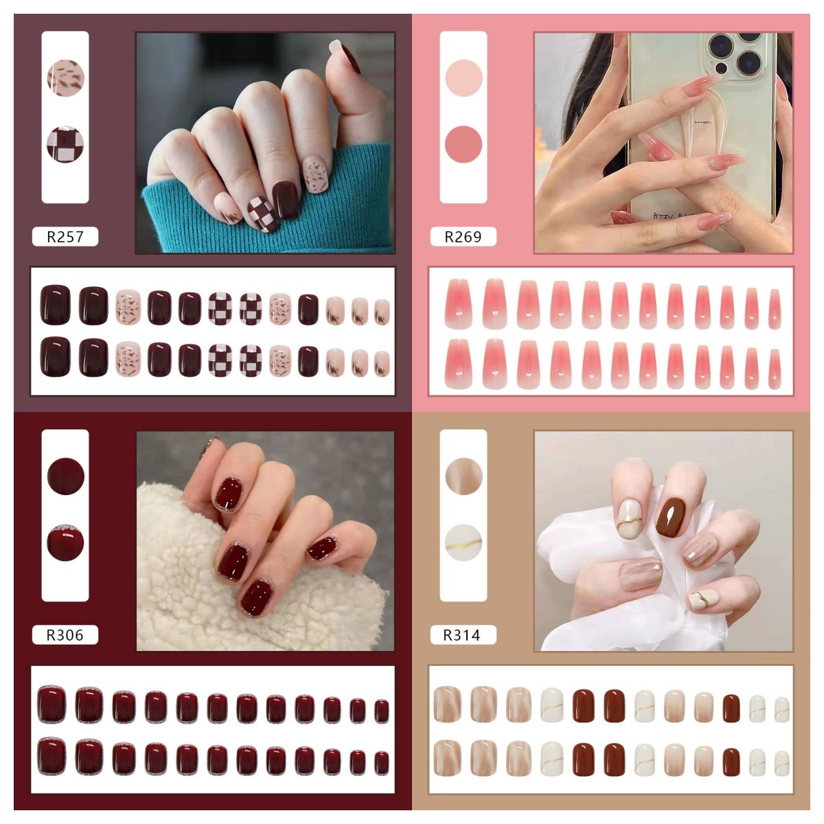 Ms.Miemie 24pcs Fake Nails Reusable Stick On Nails Press on Full Cover False Nail Tips with Jelly Stickers Makeup Accessorise