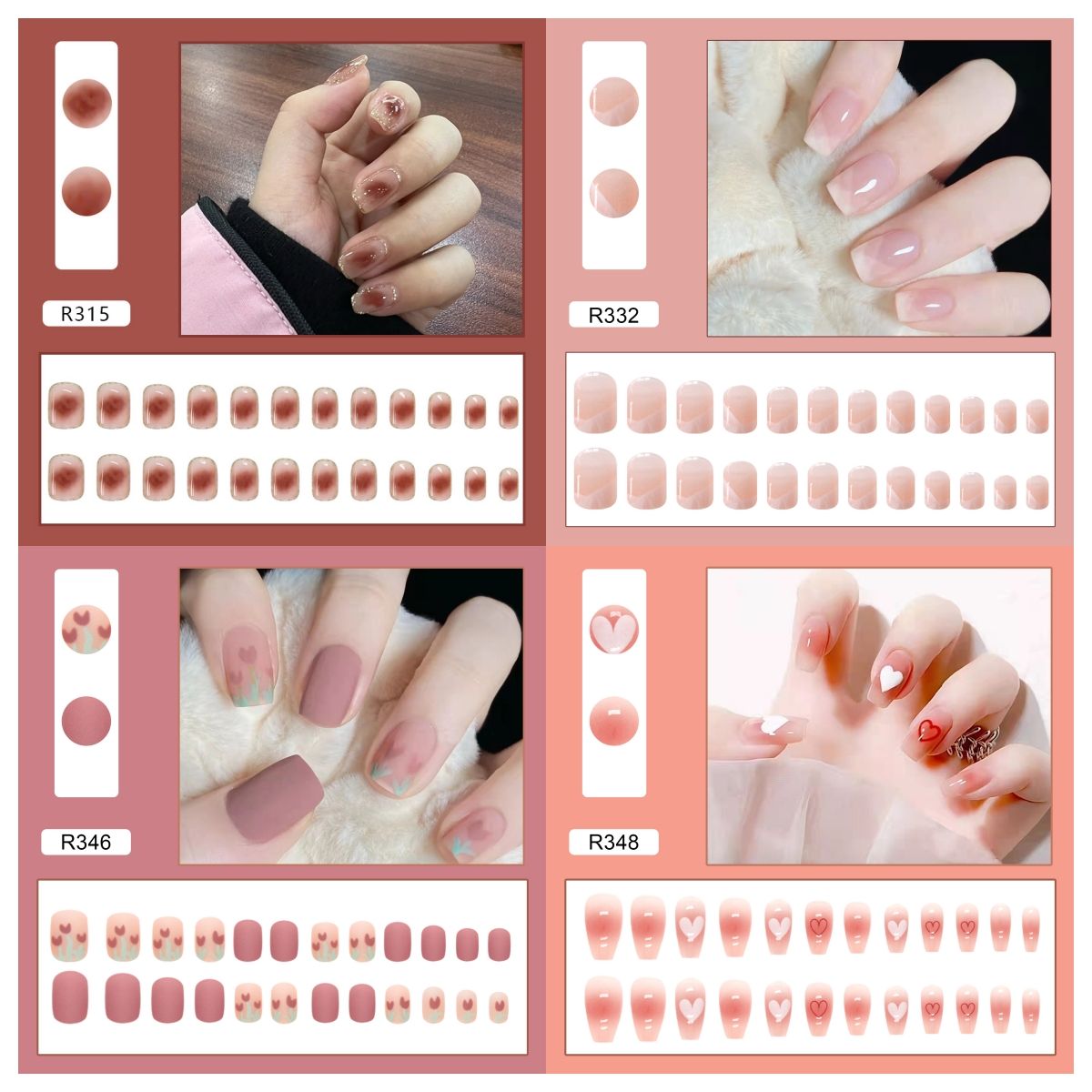 Ms.Miemie 24pcs Fake Nails Reusable Stick On Nails Press on Full Cover False Nail Tips with Jelly Stickers Makeup Accessorise