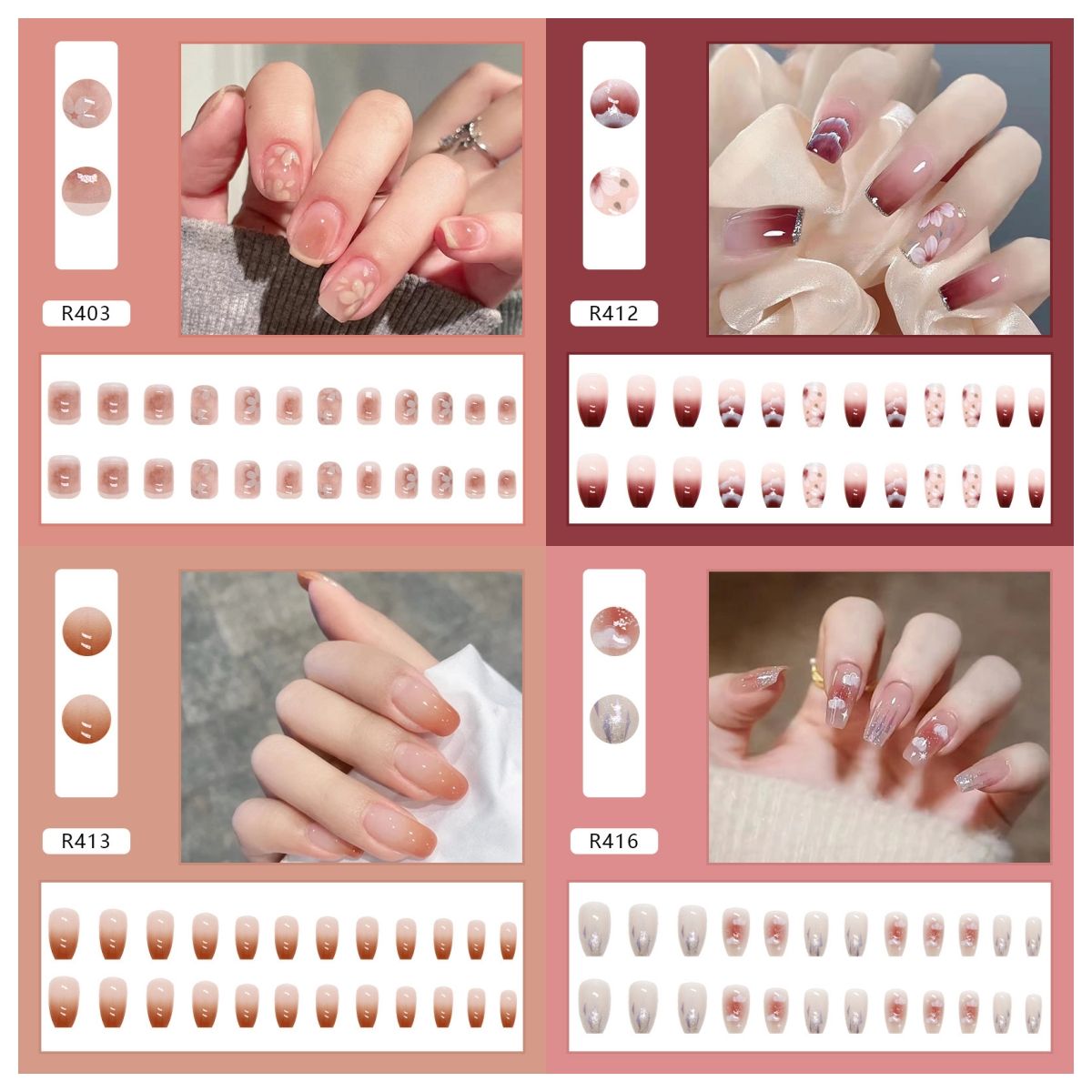 Ms.Miemie 24pcs Fake Nails Reusable Stick On Nails Press on Full Cover False Nail Tips with Jelly Stickers Makeup Accessorise